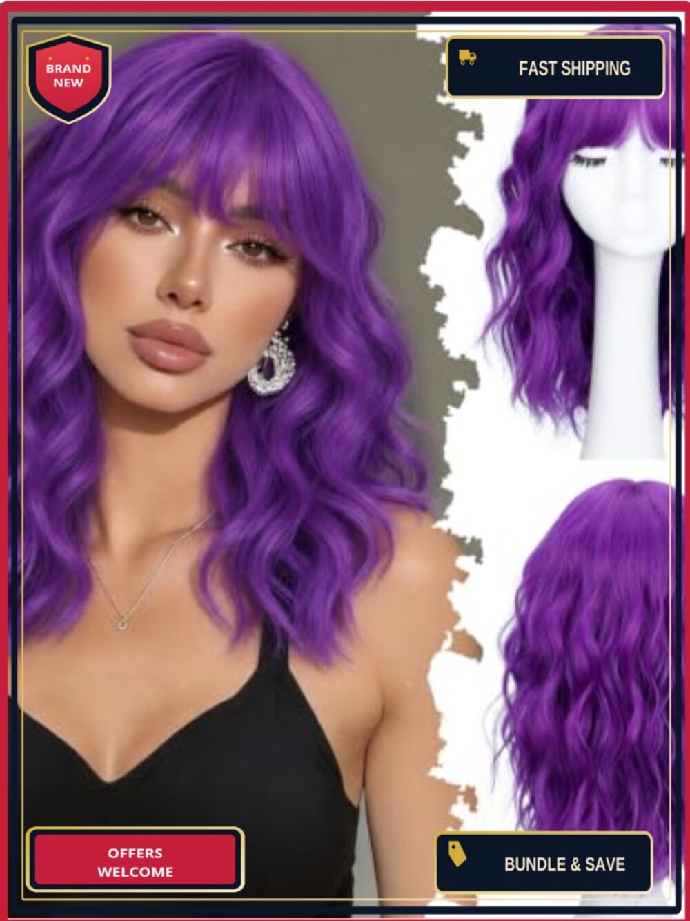 Short Wavy Curly Bob Wig with Bangs Heat Resistant Synthetic 16in